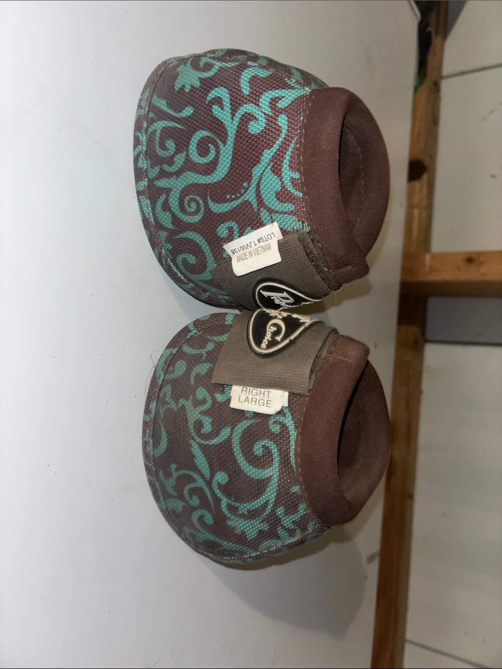 Brown and Teal Patterned Professionals Choice Horse Bell Boots.